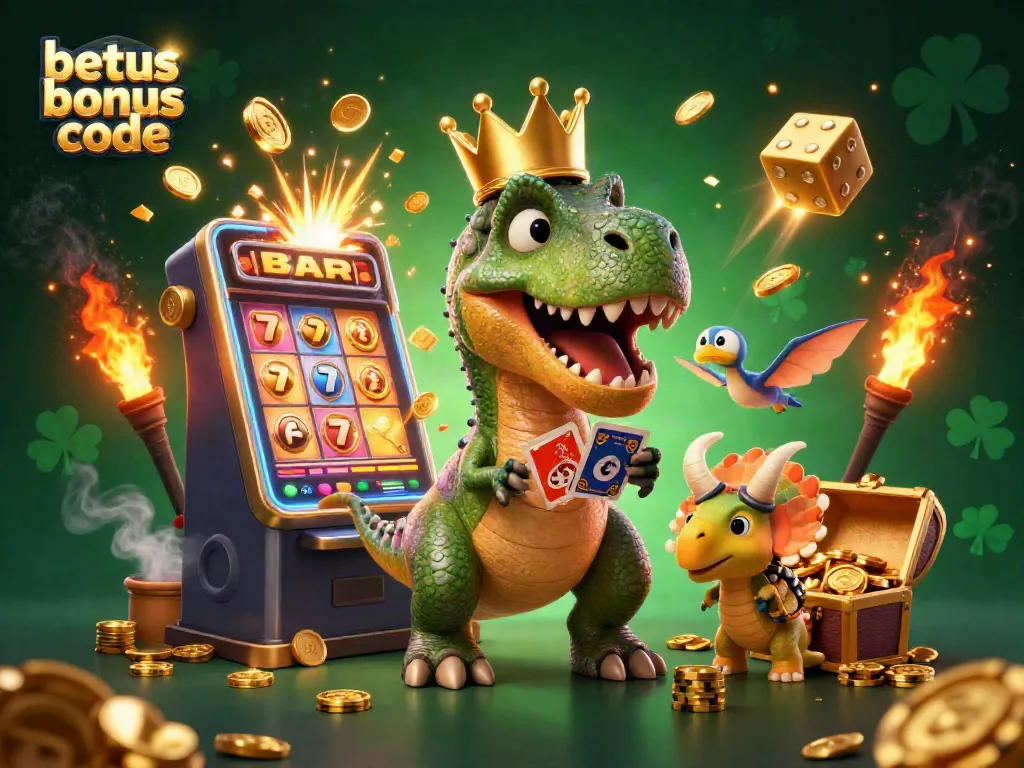Experience the excitement with betus bonus code and a colorful casino scene featuring characters and slot machines.