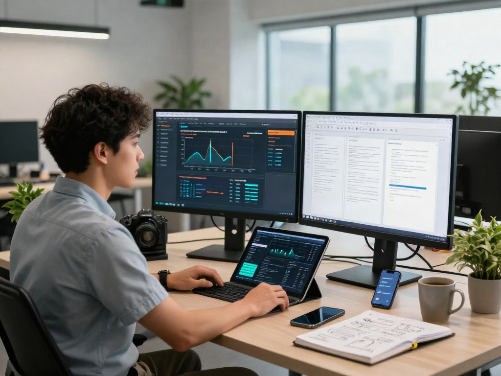 Document fraud detection software interface displayed on dual monitors in a tech workspace, showcasing cybersecurity analysis.