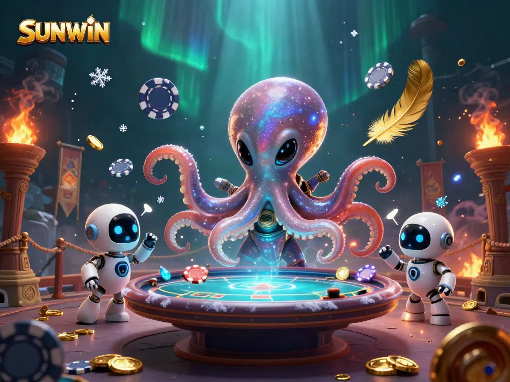 SUNWIN features a vibrant alien octopus hosting a holographic poker game surrounded by dynamic gaming elements.