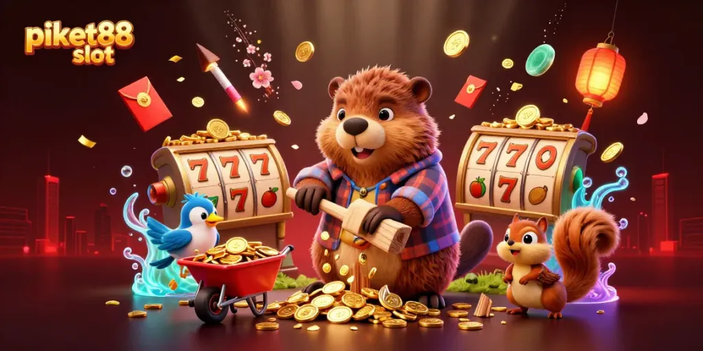 Engage with the vibrant scene of the piket88 slot, featuring interactive characters and dynamic casino elements.