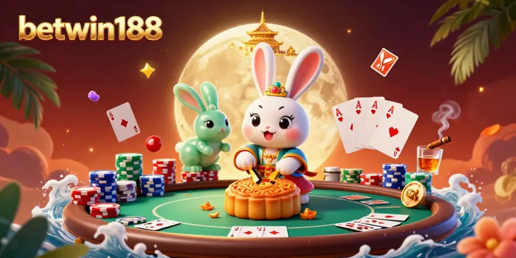 Menangkan permainan poker pada betwin188 dengan karakter kartun bulan dan produk kasino menarik yang mengelilinginya.