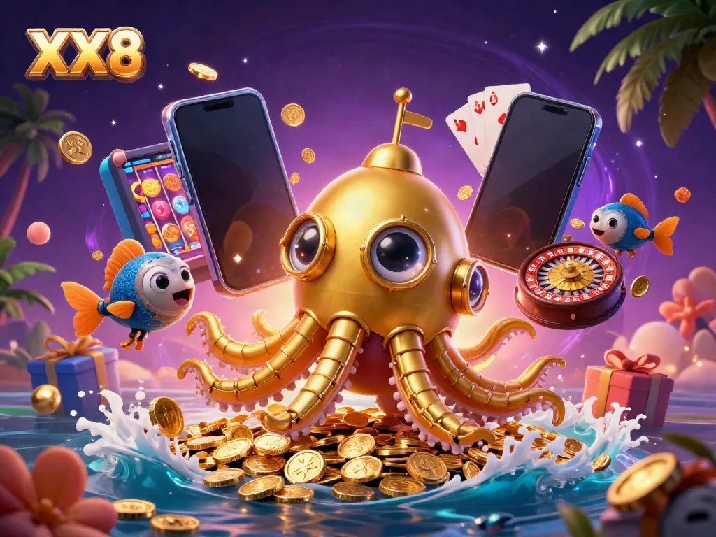 Experience thrilling gameplay at XX8 with a golden kraken submarine amidst slots and winnings.