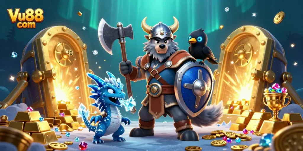 Experience thrilling gameplay at Vu88 com with our captivating 3D casino scene featuring treasure and mythical characters.