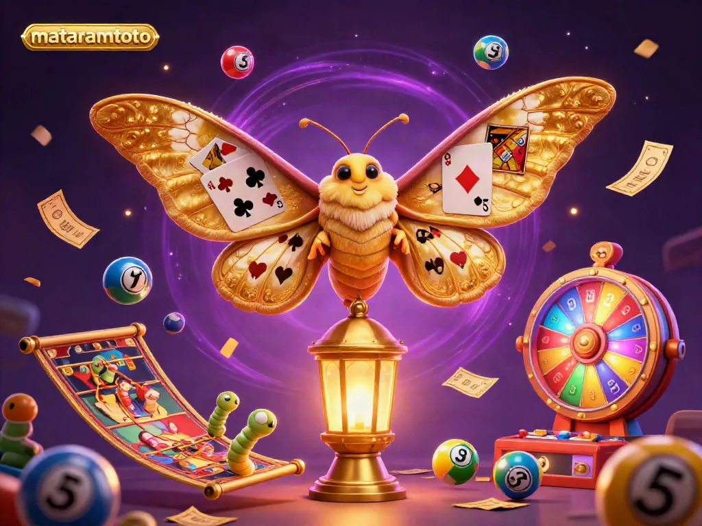 Experience the excitement of mataramtoto with a vibrant casino scene featuring colorful lottery balls, a prize wheel, and a majestic moth.