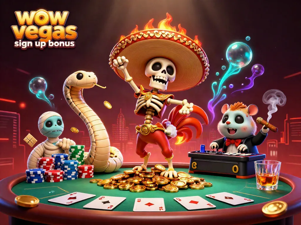 Uncover the WOW Vegas sign up bonus with a vibrant casino scene featuring lively characters and dynamic gaming elements.