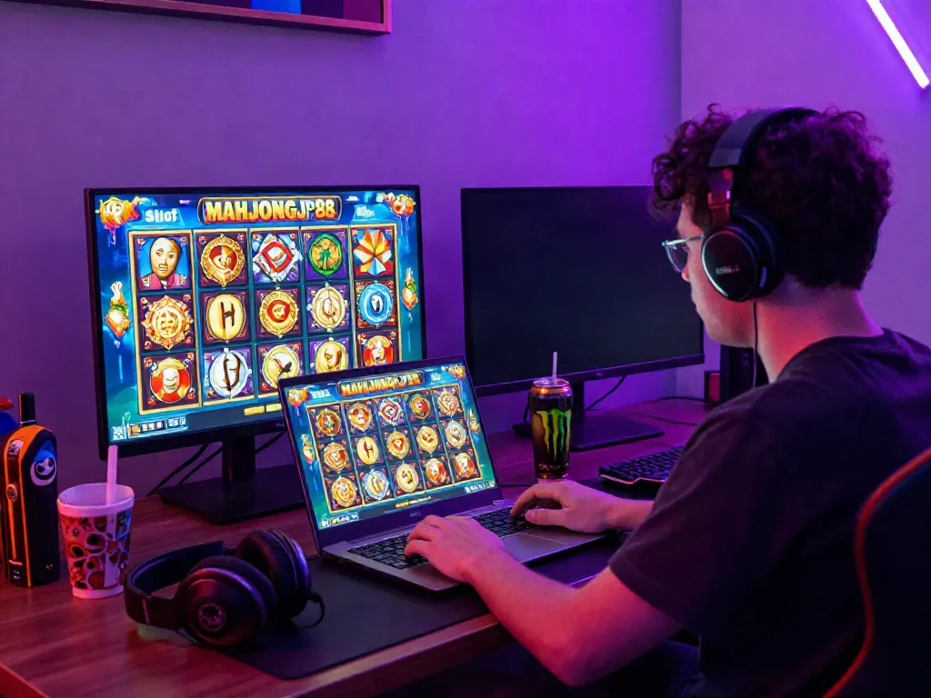 Player enjoying Slot MAHJONGJP88 with animated graphics in vibrant gaming setup.