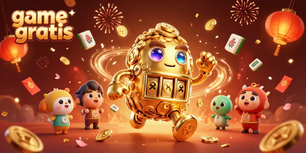 Experience thrilling gameplay with game gratis in a dynamic casino scene, featuring colorful characters and festive elements.