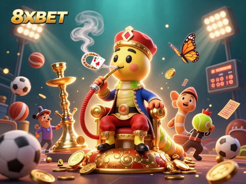 Engage with 8XBET as the caterpillar hookah-master entertains while sports elements dynamically enhance the gaming experience.