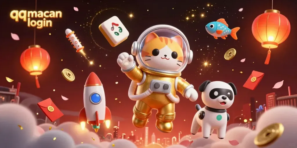 Experience the thrill of qqmacan login with an adventurous space-themed illustration showcasing a playful astronaut cat and robot dog.