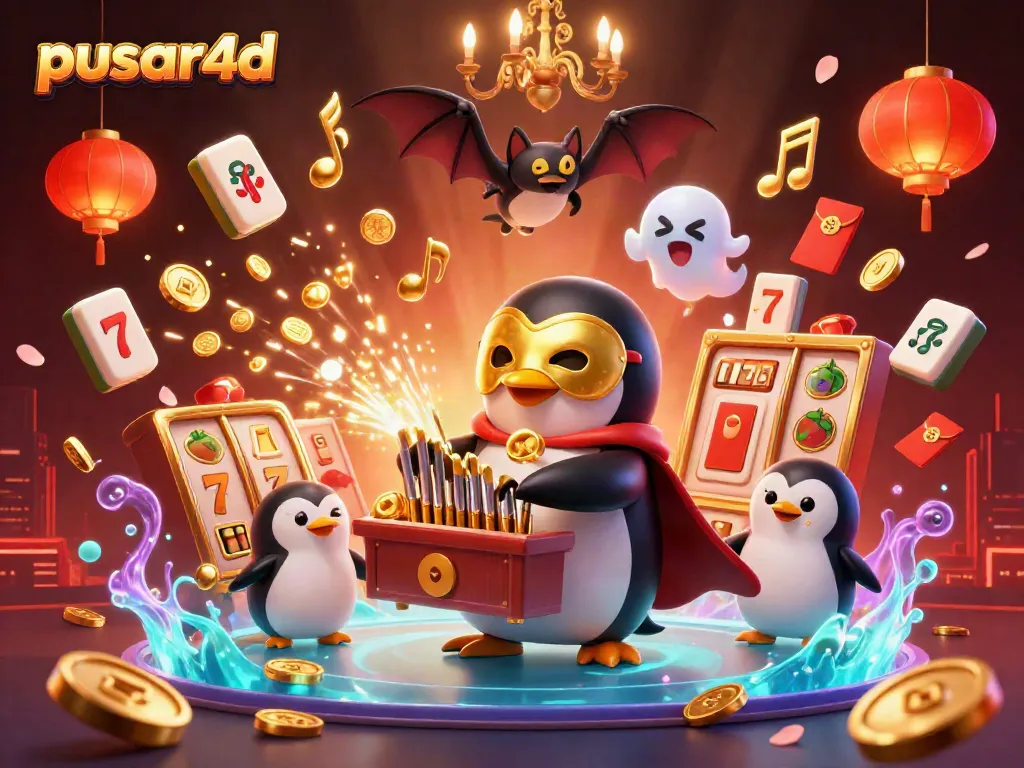 Experience pusar4d's vibrant slot gaming scene featuring a penguin playing an organ, coins flying around.