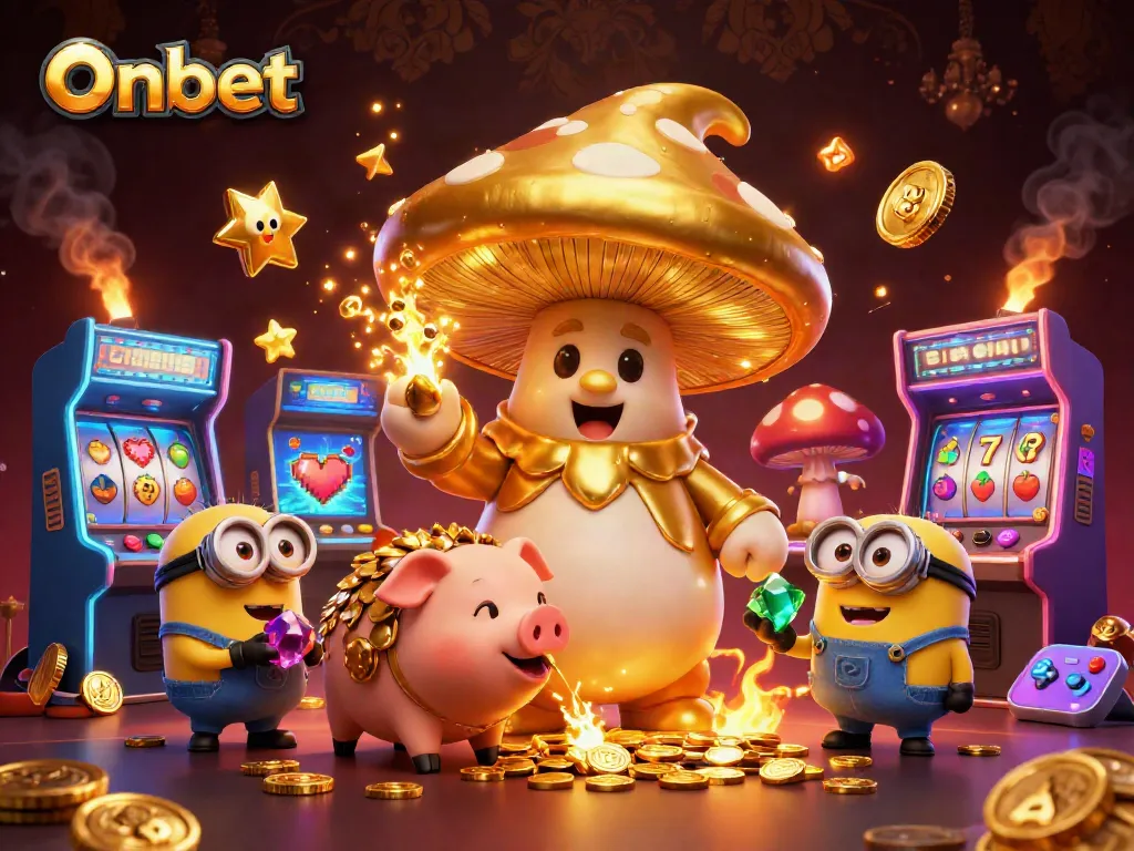 Engage in thrilling gameplay with Onbet's golden mushroom wizard channeling magic and slot elements.