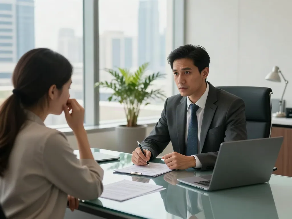 Deportation Lawyer Dubai consulting with a client in a modern law office.