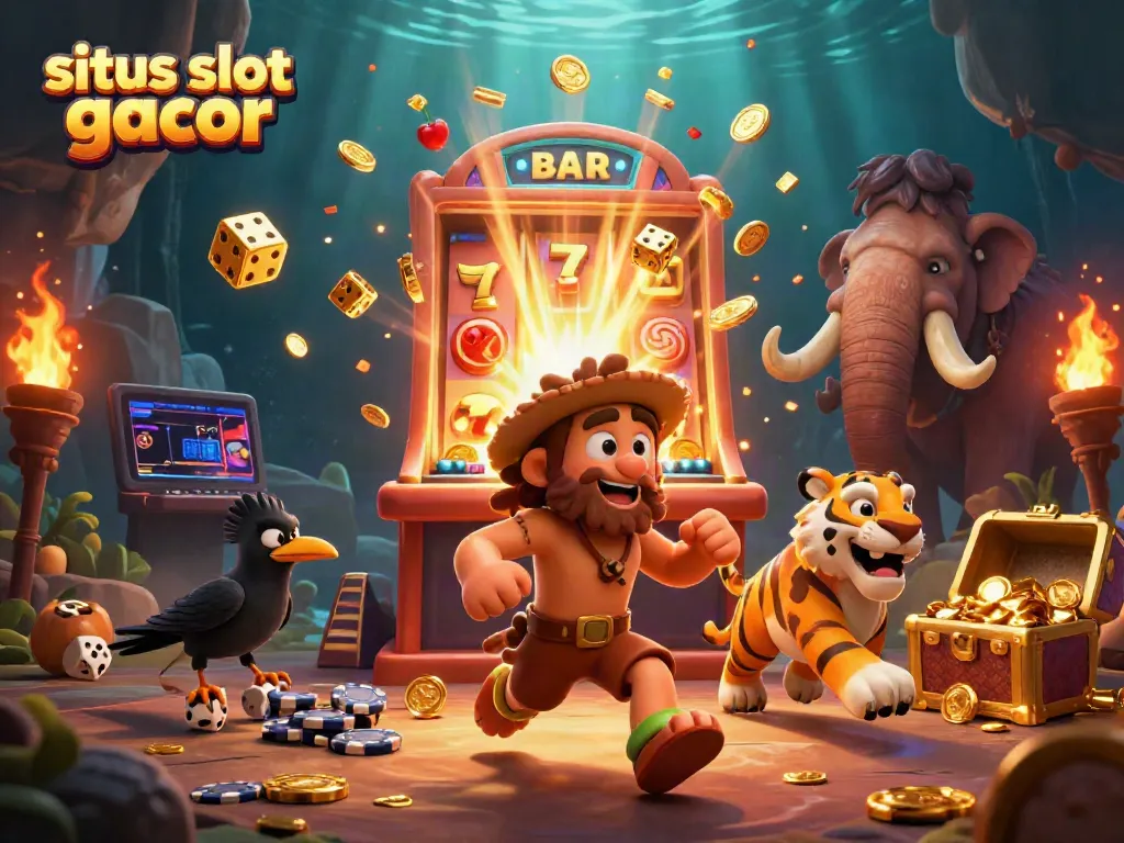 Engage with situs slot gacor in a prehistoric themed lively casino ambiance, showcasing the thrilling atmosphere.