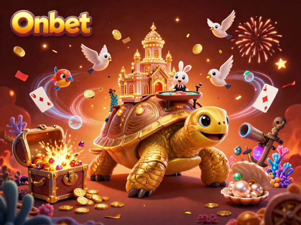 Experience thrilling gameplay with Onbet, featuring a golden tortoise casino and dynamic card action.