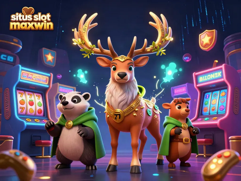 Spin the reels at situs slot gacor maxwin, featuring a vibrant 3D casino scene with magical elements and game icons.