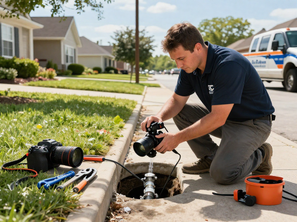 Sewer line service Fort Worth expert inspecting a residential drainage system with advanced tools in a suburban neighborhood.