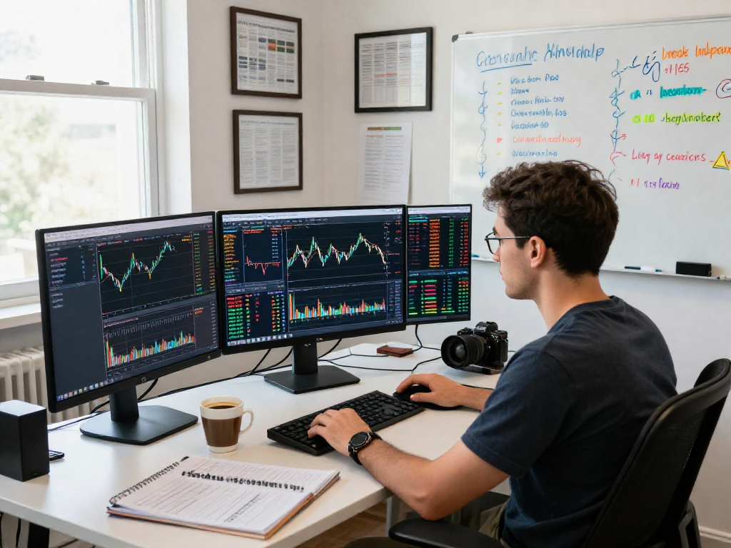 Trader utilizing MetaTrader 5 with multiple screens and trading indicators in a modern office.
