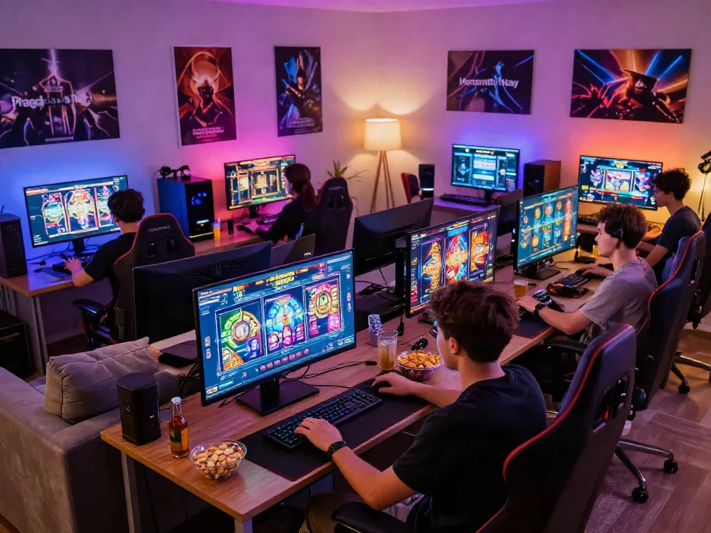 Engaging gamers enjoying slot resmi with vibrant graphics in modern setup