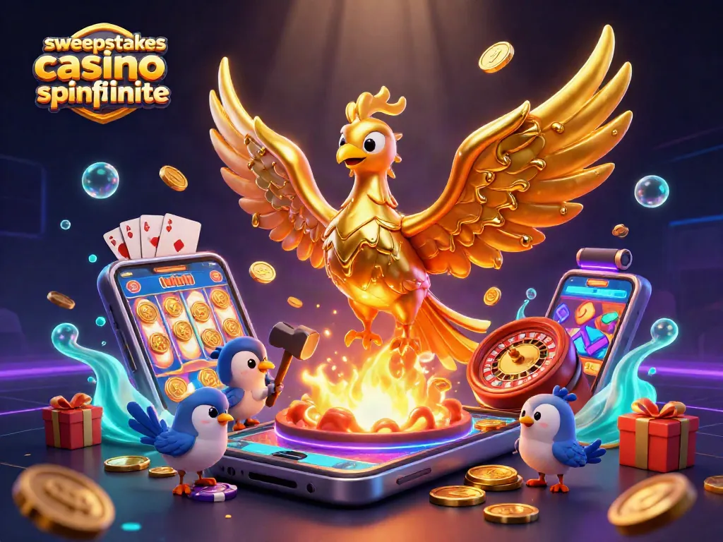 Engage with sweepstakes casino bonus spinfinite, depicting a molten golden phoenix amidst vibrant gaming elements.