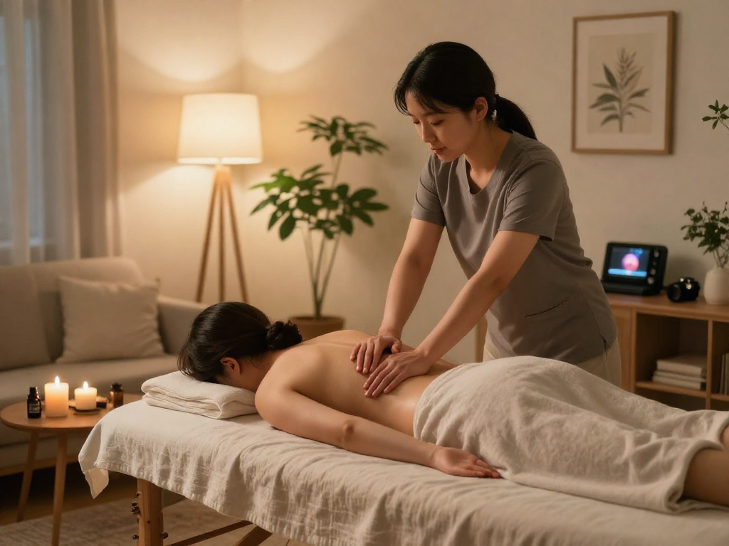 Relaxing 강서구출장안마 home massage scene with therapist and client