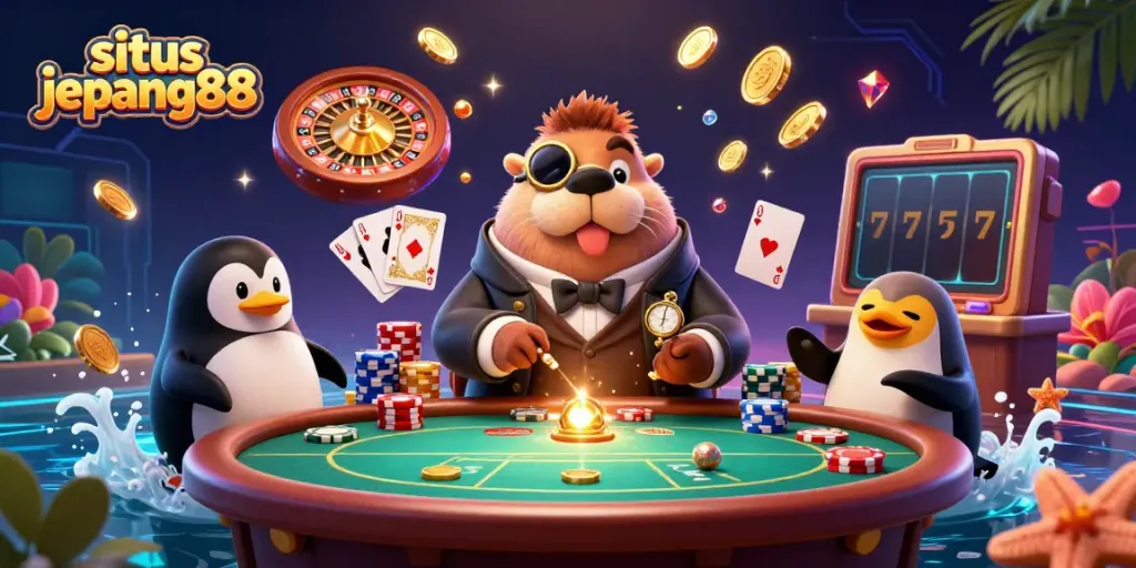 Situs Jepang88 features a jolly walrus and penguin dealer in a vibrant underwater poker scene.