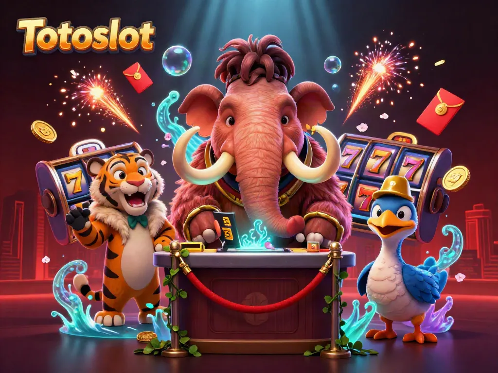 Gambarkan suasana kasino dengan Totoslot, dimana mammoth dan harimau sabertooth menyambut tamu VIP.