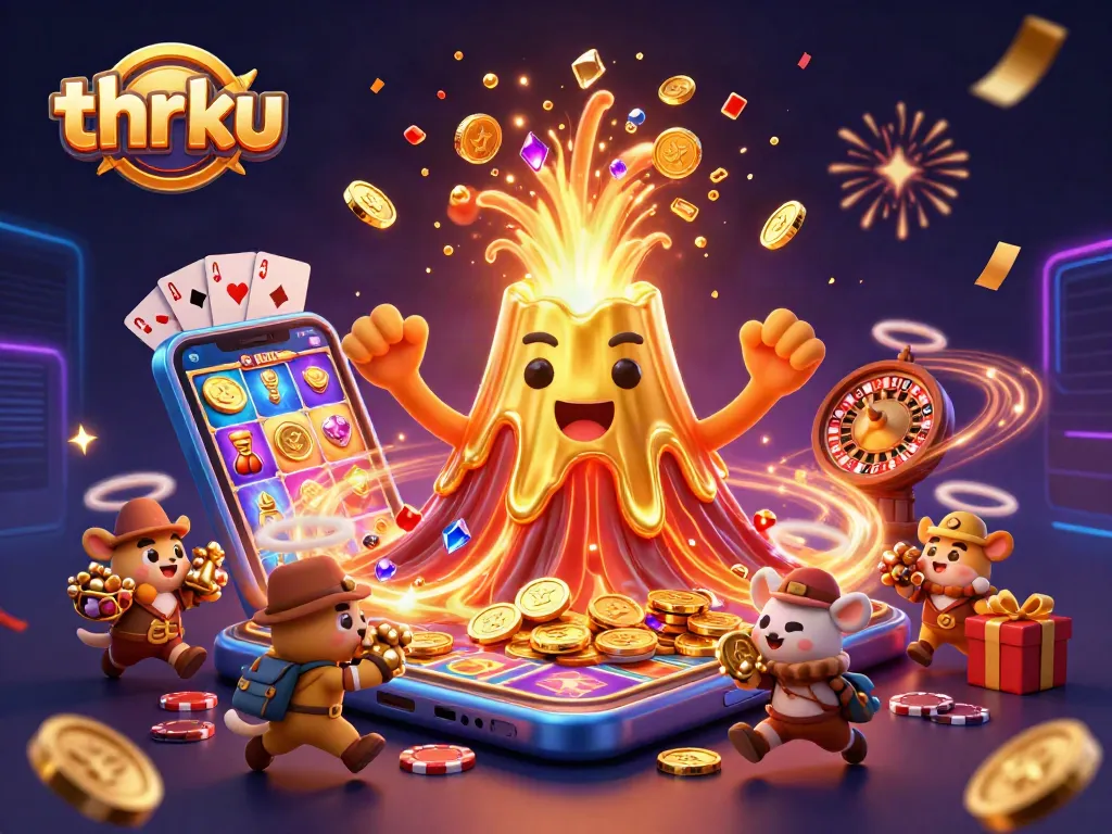 Engage with thrilling gameplay at thr ku, featuring a golden volcanic eruption and treasure-filled casino elements.