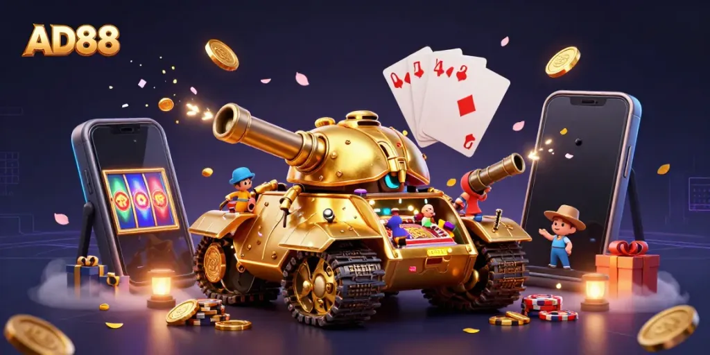 Engage in thrilling gameplay with AD88's golden beetle tank casino, surrounded by exciting game elements.