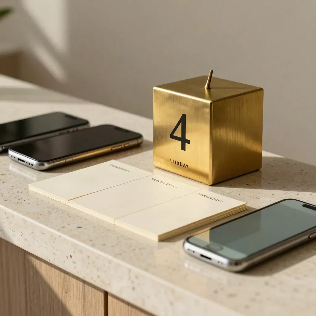 Brass calendar cube, face-down phones, and turned appointment cards on travertine in warm light.