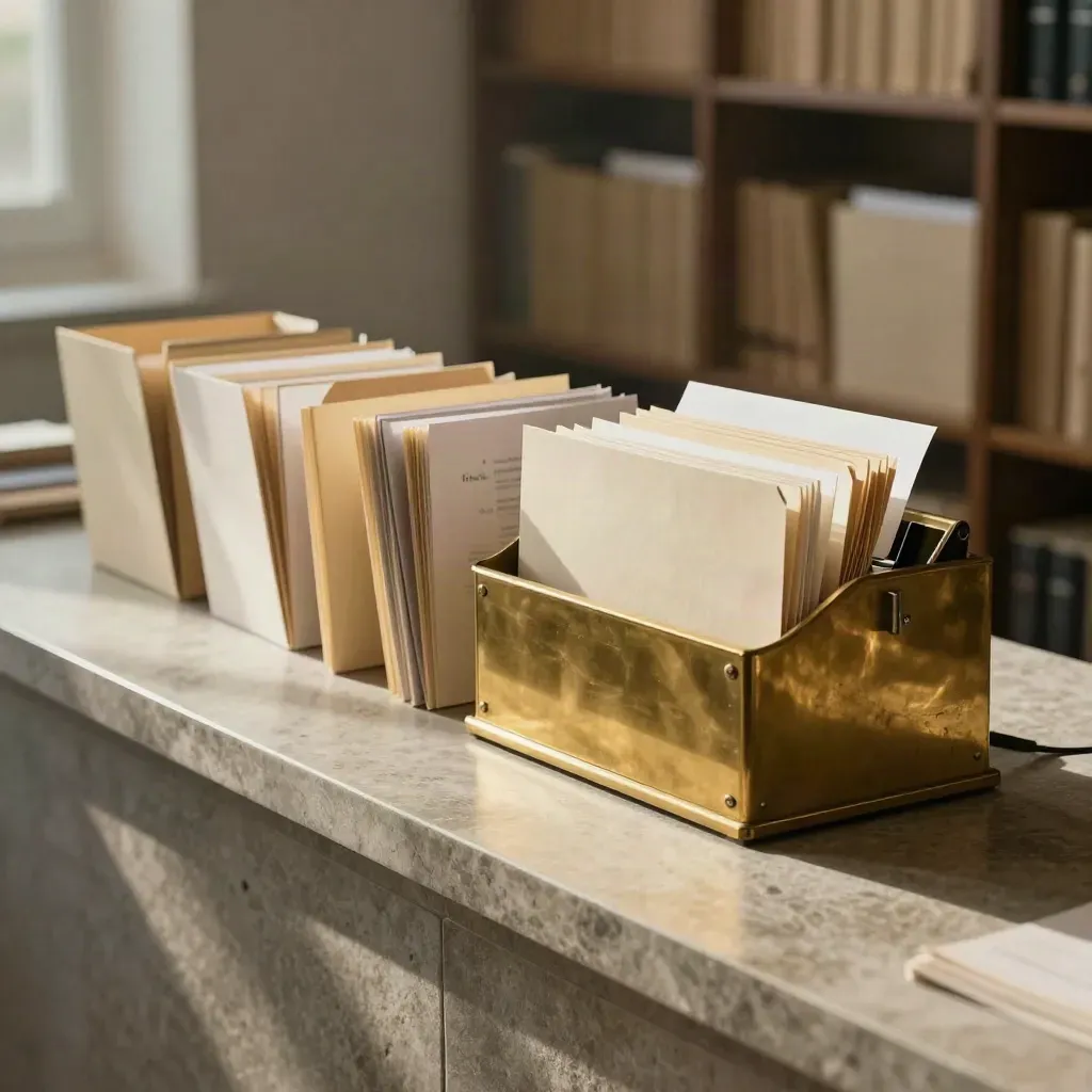 Brass sorter with pale folders on a stone counter in a resume screening archive.