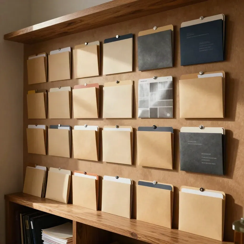 Archive wall of folders, envelopes, and pinned cards suggesting candidate sourcing.