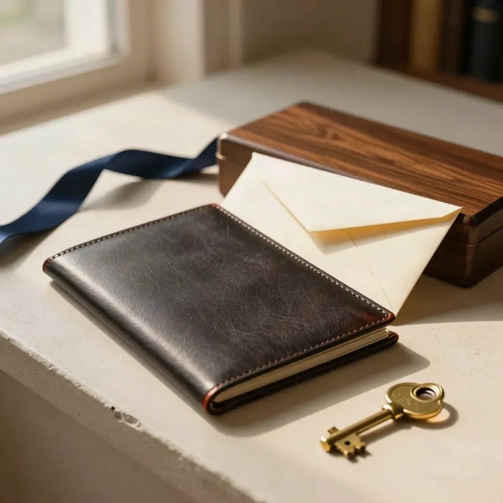 Leather portfolio, envelope, walnut case and brass key on warm plaster in soft morning light