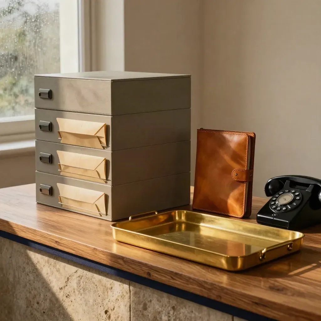 Moody recruitment archive with dossier boxes, brass trays, envelopes and a leather portfolio.