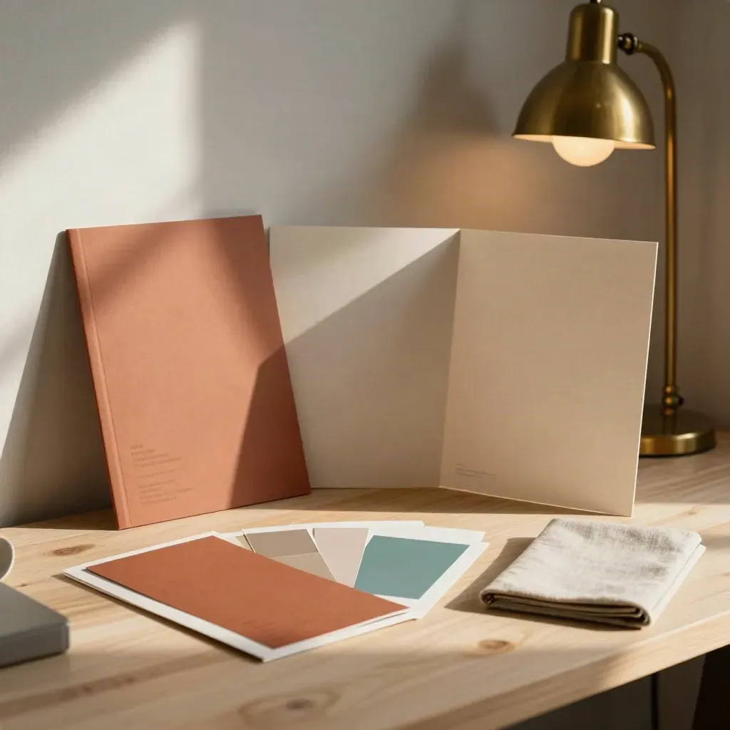 Employer-brand toolkit on a pale wood table with terracotta boards, teal swatches, and warm window glow.