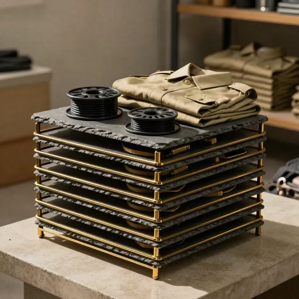 Stacked task trays, lanyard reels, and folded shirts on a pale bench in moody backroom light.