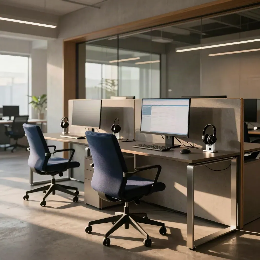 Two lit sales desks with chairs and headsets in a hazy startup office bay