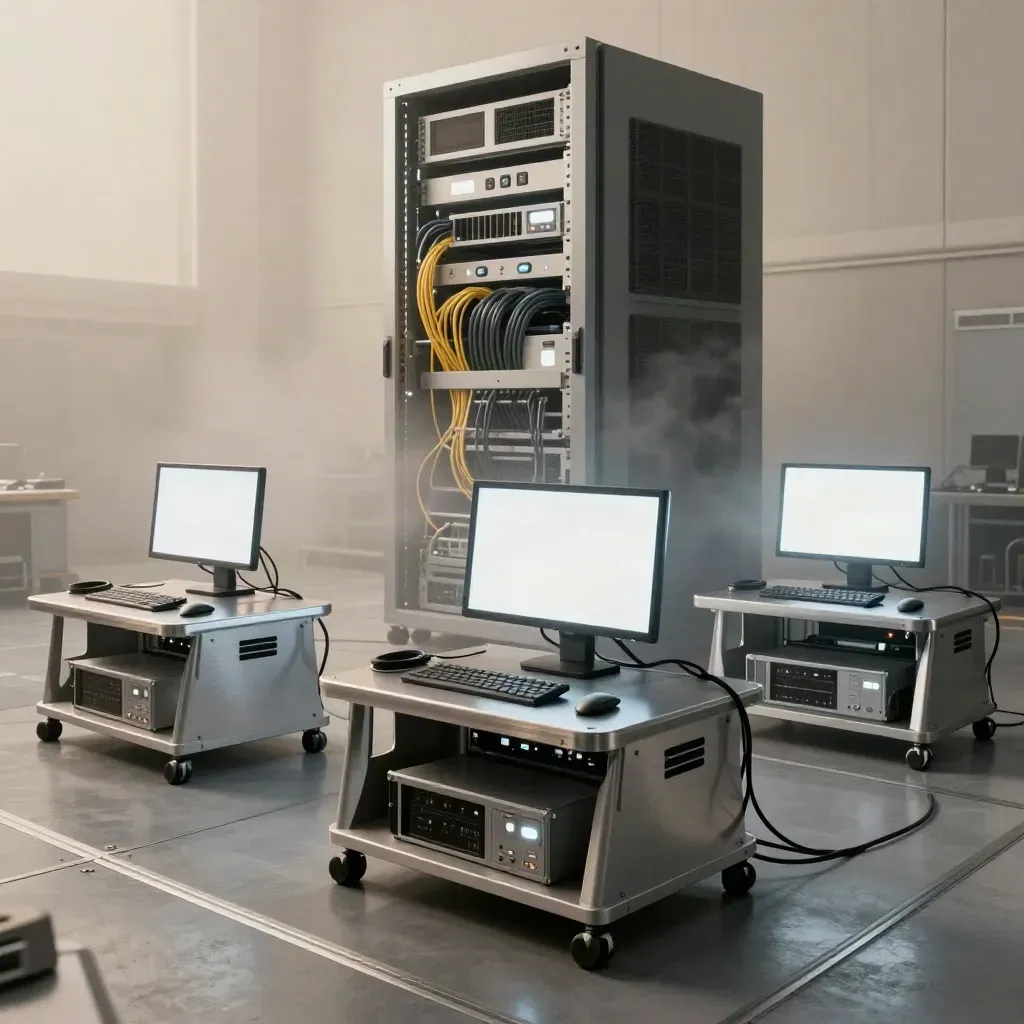 Three powered workpods before a softly glowing server rack in a launch-ready engineering space.