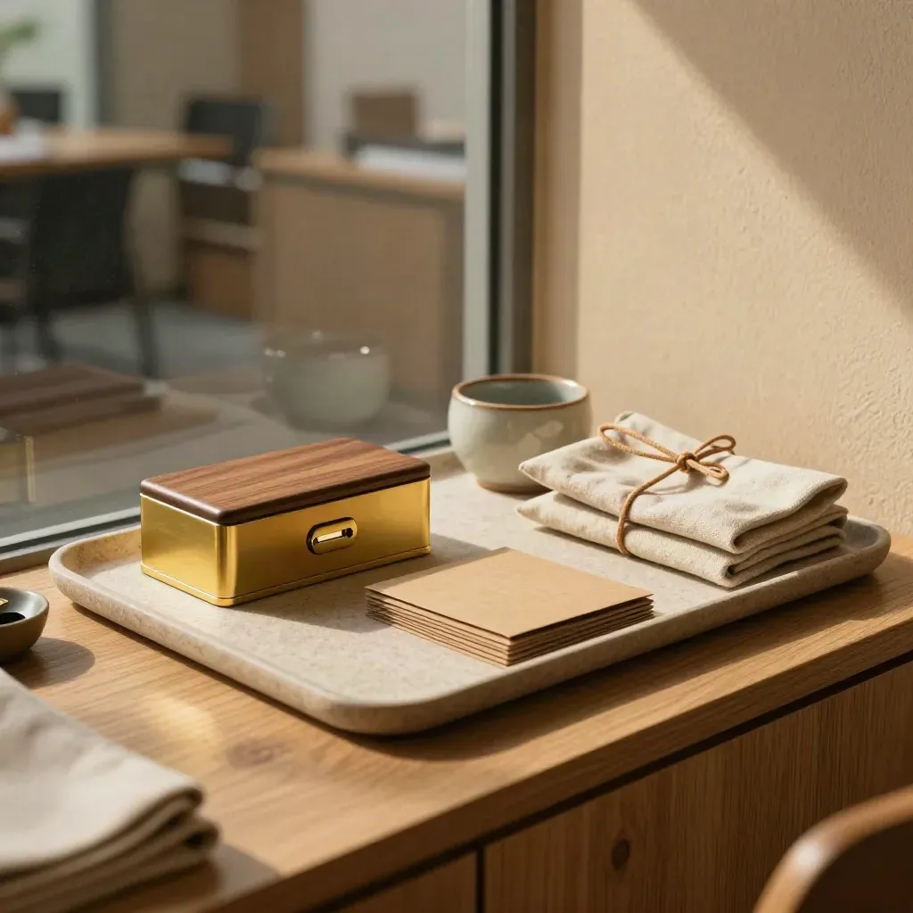 Brass keycard box, onboarding tray, and blank welcome kits on an oak credenza in a warm office corner.