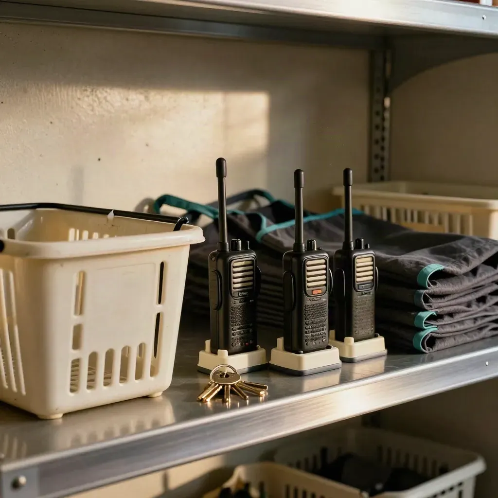 Checkout baskets, aprons, radios, and locker keys staged on a backroom shelf in warm light.