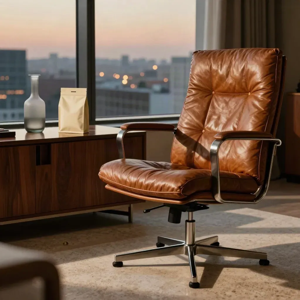 Empty executive suite with leather chair, sealed packet, and city reflections at dusk.