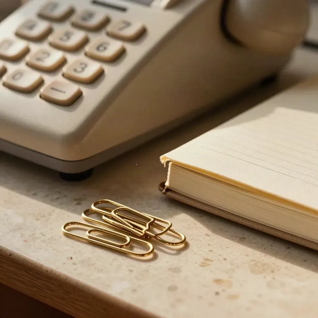 Macro still life of brass paperclips, a vintage phone keypad edge, and a closed recruiter notebook.