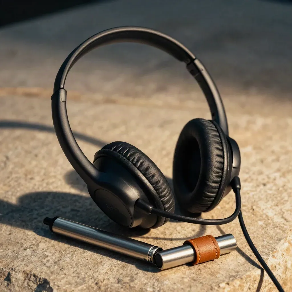 Matte headset, twin timers, and leather wrap on warm stone in dramatic studio light.