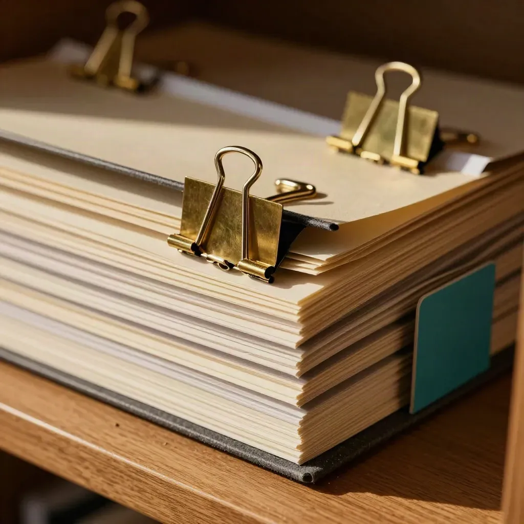 Brass clips on tiered candidate folders beside a dark privacy screen, lit by raking light.