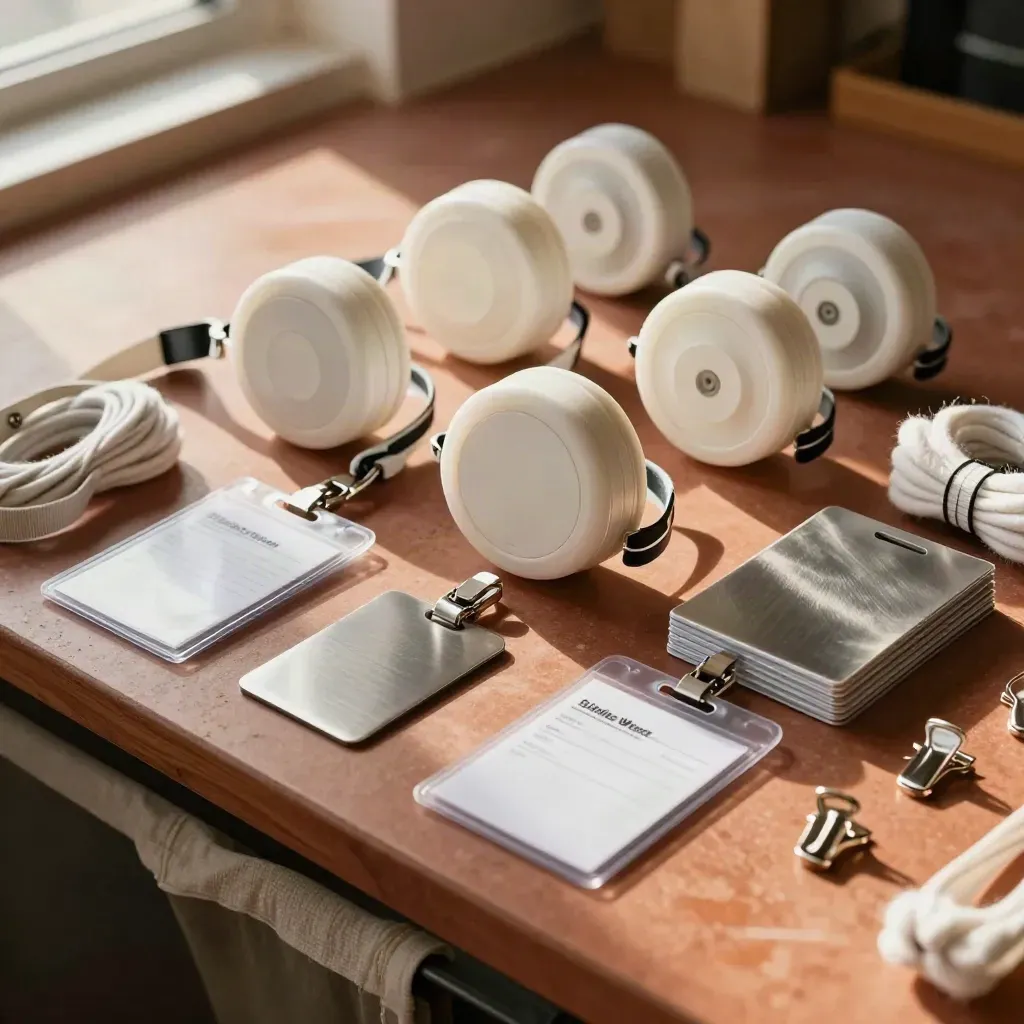 Retractable lanyard reels, reverse badges, and name-card holders on a terracotta counter.