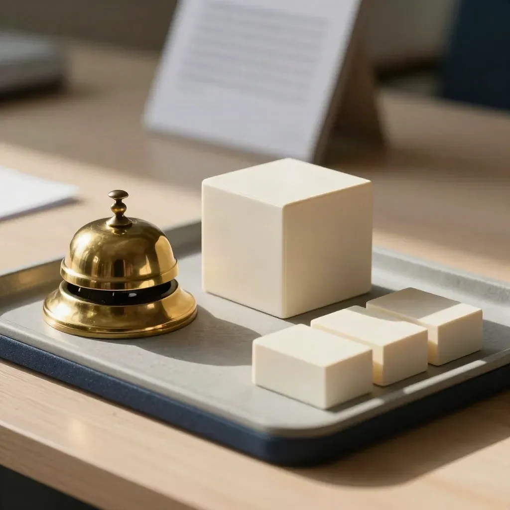 Brass bell, calendar cube, and index blocks on pale wood with soft side light.