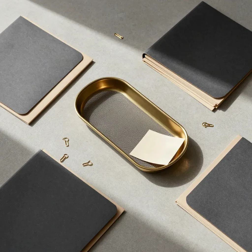 Overhead tray of candidate folders and sorting clips on pale stone, styled in soft gold light.