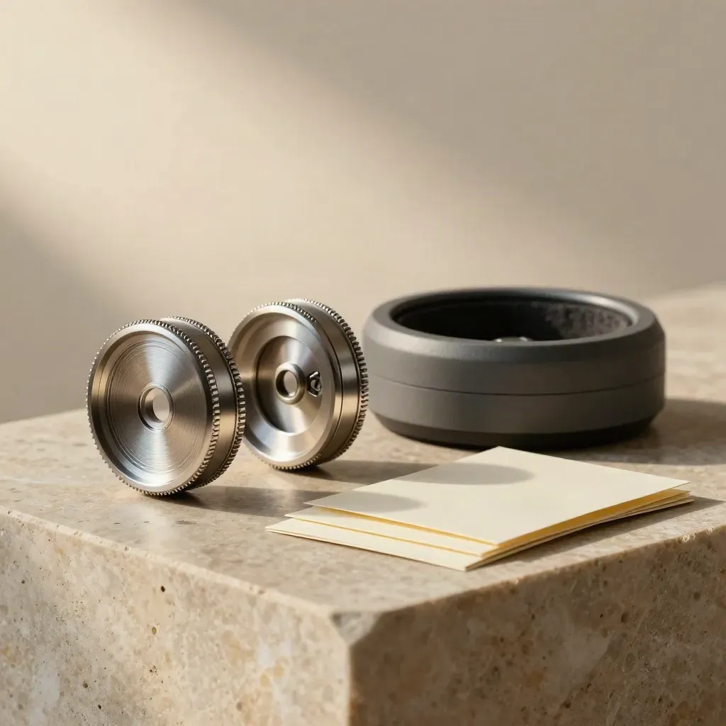 Brushed appointment wheels, headset cradle, and cream invitation cards on limestone.