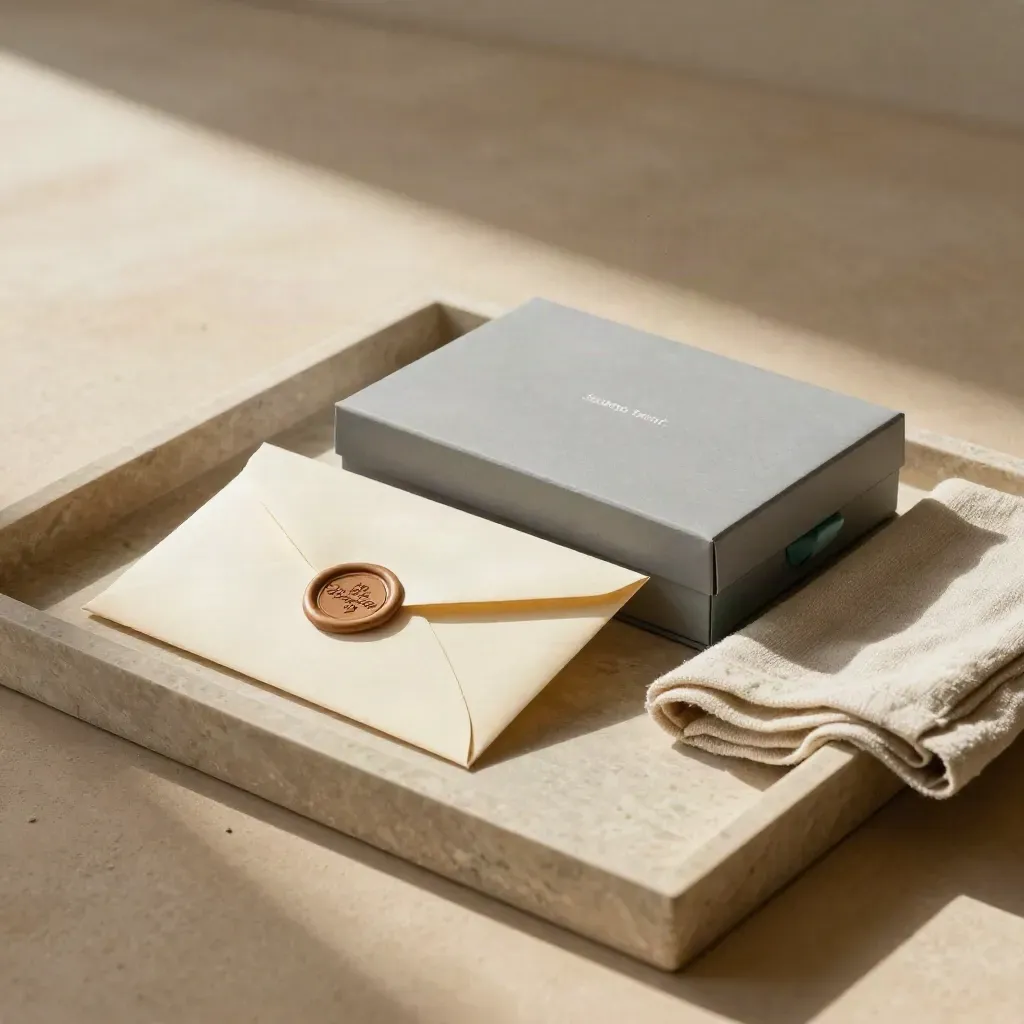 Stone tray with a welcome envelope, onboarding box and folded linen cloth in soft side light.