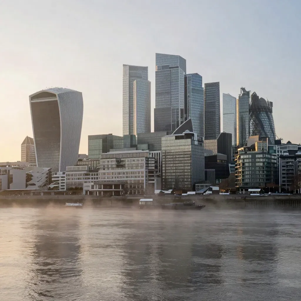 Canary Wharf towers over misty Thames water at sunrise, calm lower frame for copy.