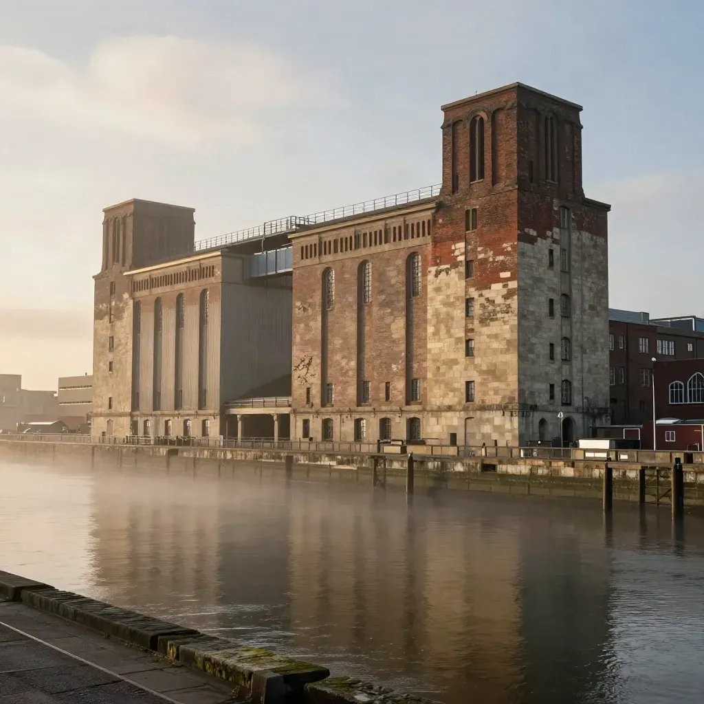 Liverpool waterfront silos and brick docks in golden mist above a calm river